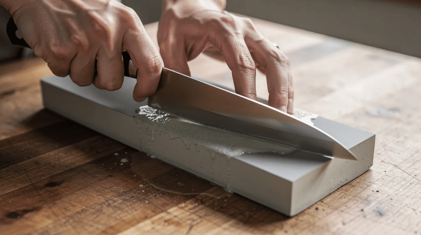 A pair of hands is carefully holding a high-quality Japanese knife against a sharpening stone on a wooden surface, emphasizing the craftsmanship and precision involved in maintaining the sharp edge of this essential kitchen tool. The scene highlights the importance of proper knife care for both professional chefs and home cooks alike.