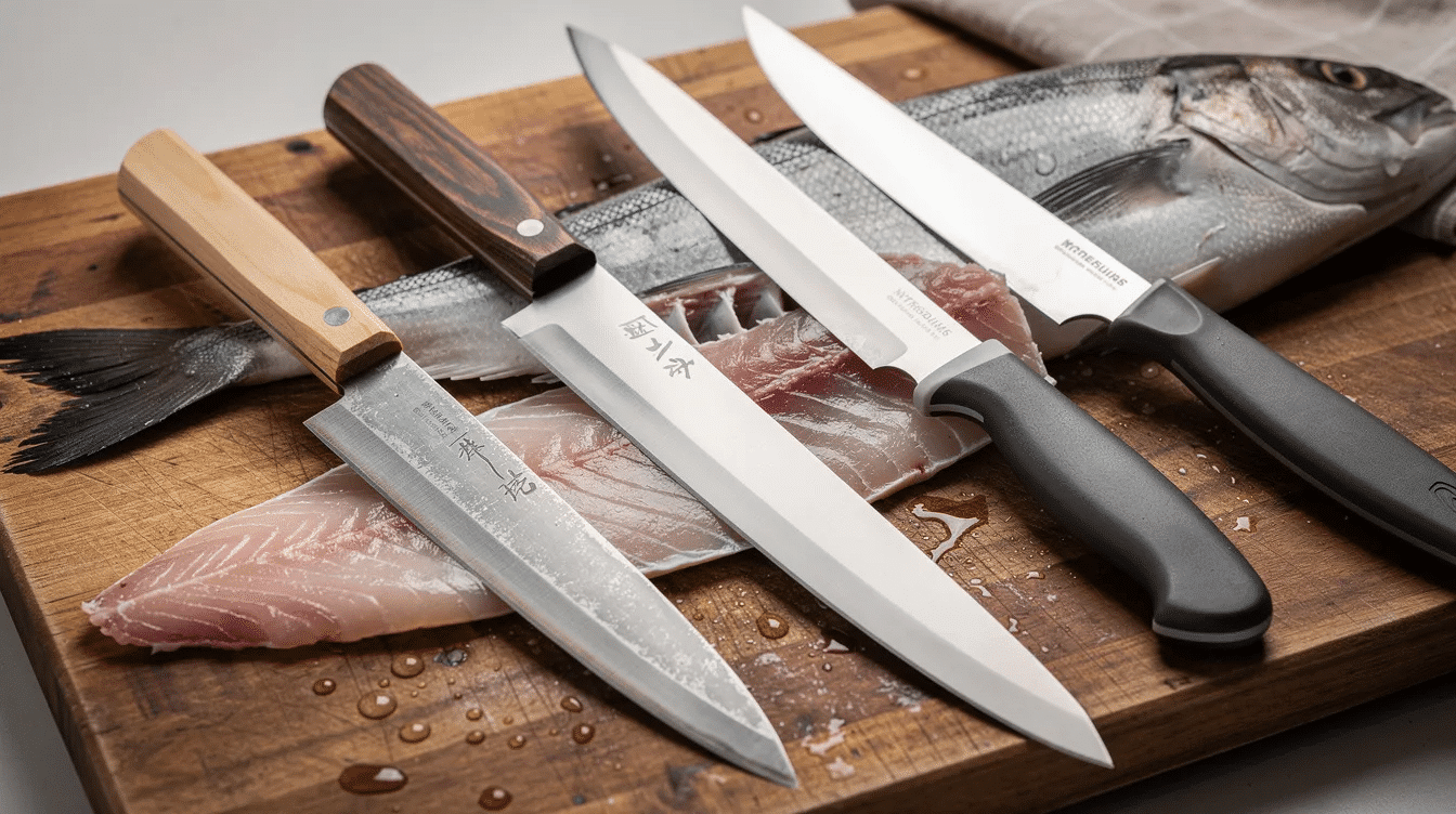 The image features a variety of fillet knives, including a traditional Japanese deba knife with a thick spine, carbon steel knives known for their sharp edge, and flexible fillet knives designed for tracing the contours of fish. Each knife is displayed to highlight its unique blade length and shape, showcasing essential tools for filleting fish with precision and ease.