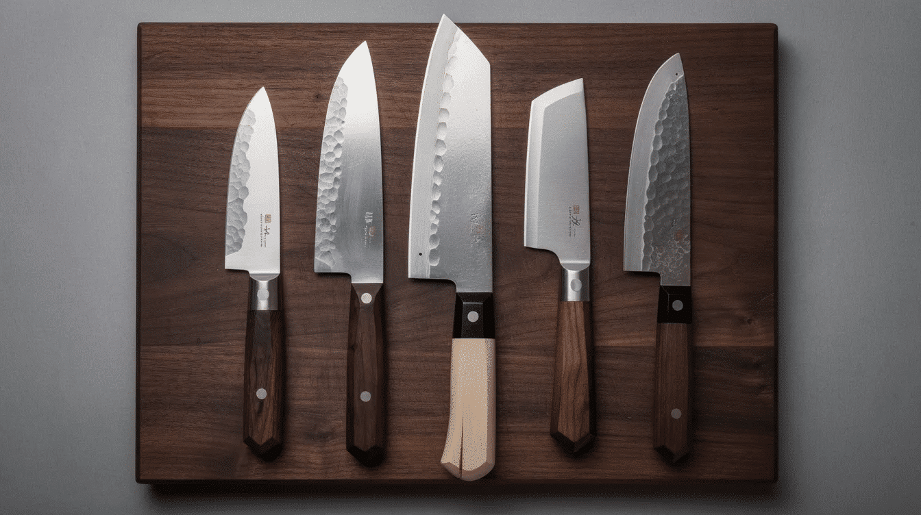 b02b9cc6-e90a-4033-a680-4f47a11773b1 - Japanes Knives Tips The image showcases a collection of various Japanese knives, including a santoku knife and a gyuto knife, highlighting their sharp blades and traditional design. These high-quality kitchen knives are known for their precise cuts and are essential tools for culinary professionals, particularly in Japanese cuisine.