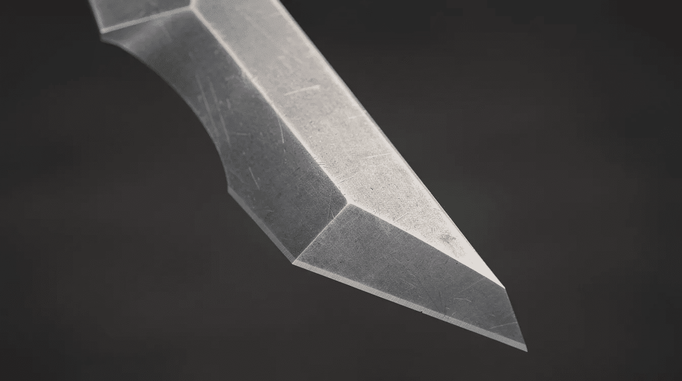 b5b65f58-80c0-45f2-9c9d-ef429f4d6d03 - Japanes Knives Tips This close-up photograph showcases a tanto point knife blade, highlighting its angular secondary tip and thick spine, which are characteristic features of tanto knives. The image emphasizes the blade's robust design, perfect for heavy-duty tasks and precise cuts in tough materials.