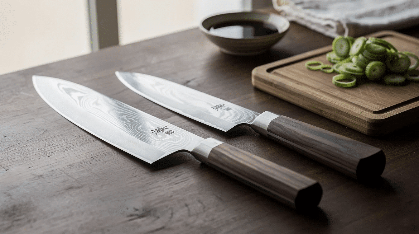 The image showcases a selection of high-quality Japanese kitchen knives, highlighting their sharp blades and exquisite craftsmanship. These professional tools are essential for home cooks and chefs alike, reflecting the beauty and precision of Japanese knife makers.