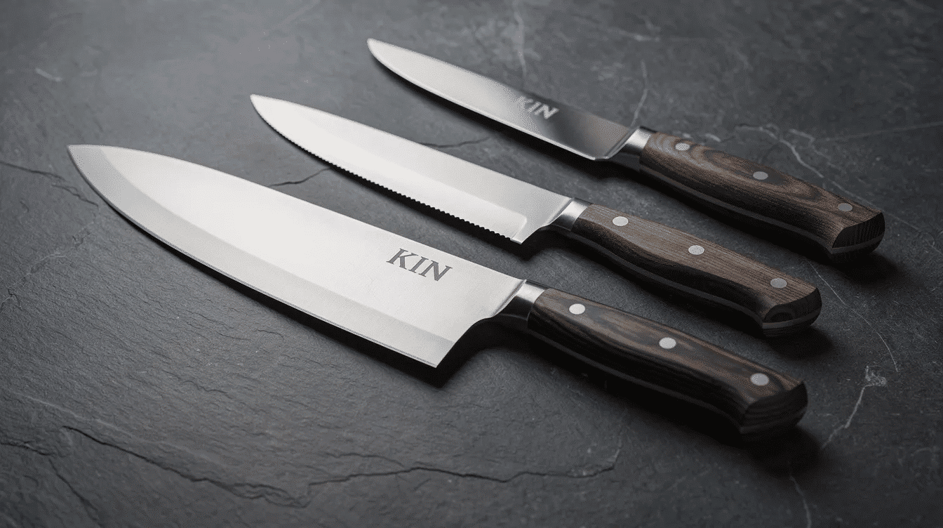 The image showcases a collection of kin knives, featuring authentic Japanese kitchen knives known for their precision and quality. Each knife displays unique handle designs and blade construction, highlighting the craftsmanship that appeals to both professional chefs and home cooks alike.