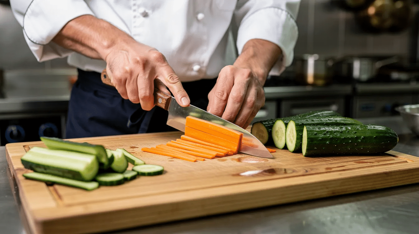A professional chef skillfully makes precise cuts on colorful vegetables using a traditional Japanese gyuto knife, showcasing the knife's excellent craftsmanship and sharp edge. The scene emphasizes the balance and performance of the knife as it glides effortlessly through the ingredients in a well-equipped kitchen.