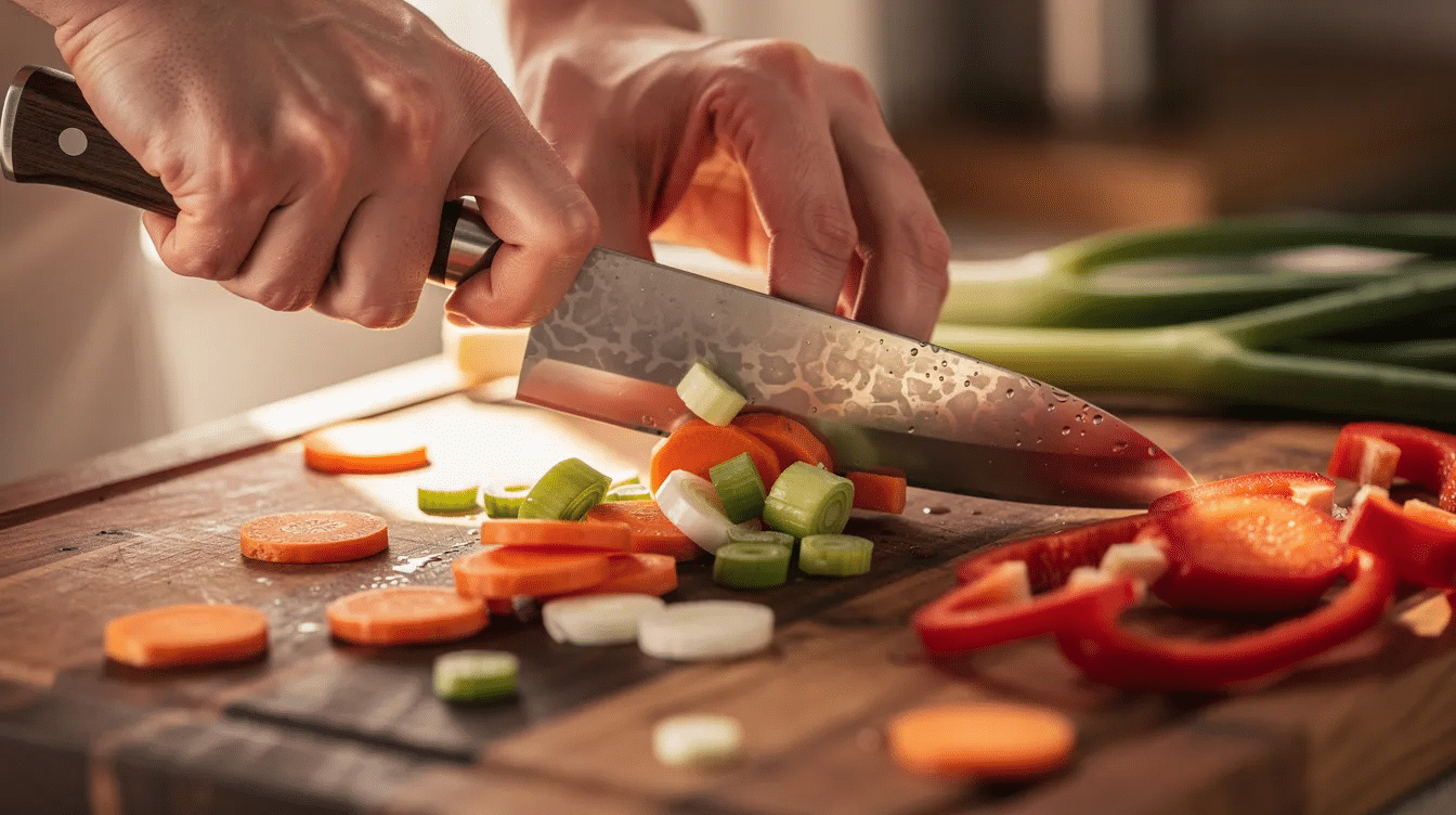 b9541d81-97b2-4ff9-aee4-80501fa034eb - Japanes Knives Tips A close-up view of hands skillfully chopping vegetables on a wooden cutting board using a high carbon steel gyuto knife, showcasing the knife's superior sharpness and exceptional edge retention. The vibrant colors of the fresh vegetables contrast with the sleek blade, highlighting the precision and quality of this essential kitchen tool.