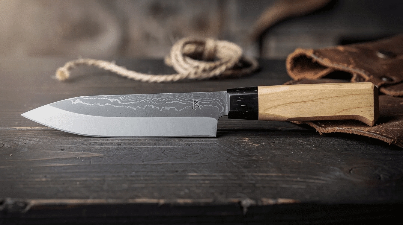 The image features a beautifully crafted Japanese hunting knife, showcasing a sleek carbon steel blade designed for durability and precision in outdoor activities like hunting and camping. The knife is displayed with an intricately designed sheath, emphasizing its quality and attention to detail.