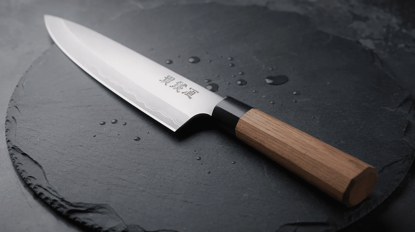 The image features a beautifully crafted Japanese kitchen knife, showcasing its sharp, precision blade and lightweight wooden handle. This high-quality chef knife, designed for professional chefs, exemplifies the artistry and durability of Japanese cutlery.