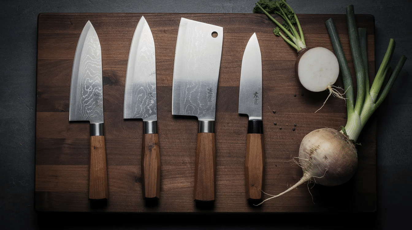 The image showcases a collection of handcrafted Japanese knives, featuring traditional high carbon steel blades known for their sharp edges and precision. Each knife reflects the artistry and craftsmanship of Japanese blacksmiths, making them essential tools for both professional chefs and home cooks.