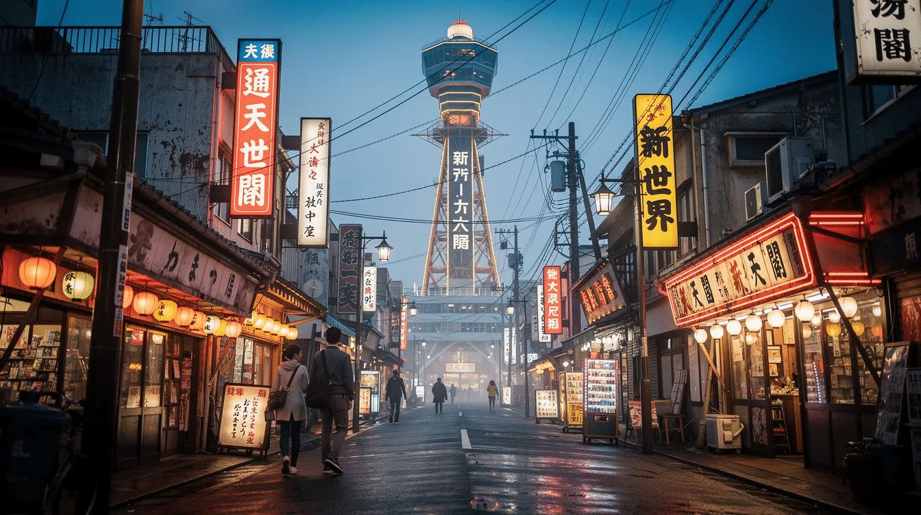 c0d3ddd0-bd01-4fce-adc4-5cd87efc1f12 - Japanes Knives Tips The image features the iconic Tsutenkaku Tower towering above the traditional streets of Shinsekai, adorned with retro signs in vibrant colors. This bustling area in Osaka, Japan, is known for its unique shops and skilled artisans, including those selling high-quality Japanese knives, making it a perfect destination for collectors and food enthusiasts alike.