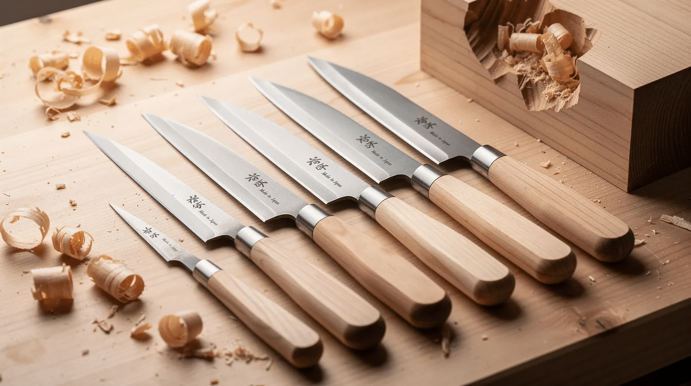 c1a15756-9185-43d3-9fbd-37529d22273f - Japanes Knives Tips The image displays a traditional right-handed kiridashi knife, crafted from Japanese high carbon steel, showcasing its sharp blade and ergonomic handle designed for optimal grip and control. Available in various sizes, this essential tool exemplifies quality craftsmanship, making it a must-have for both novice and experienced woodworkers.