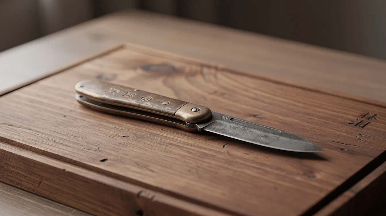 A vintage Japanese folding knife is elegantly displayed on a wooden surface, showcasing its unique design and excellent condition. The knife features a detailed blade and a beautifully crafted handle, making it a standout item for collectors and enthusiasts alike.