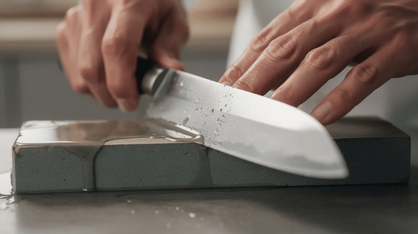 A pair of hands is skillfully sharpening a Japanese knife on a whetstone, with glistening water droplets on the stone's surface, highlighting the precision and craftsmanship typical of Japanese blacksmiths. This process showcases the dedication to creating razor-sharp blades that professional chefs and home cooks alike appreciate in their kitchen tools.