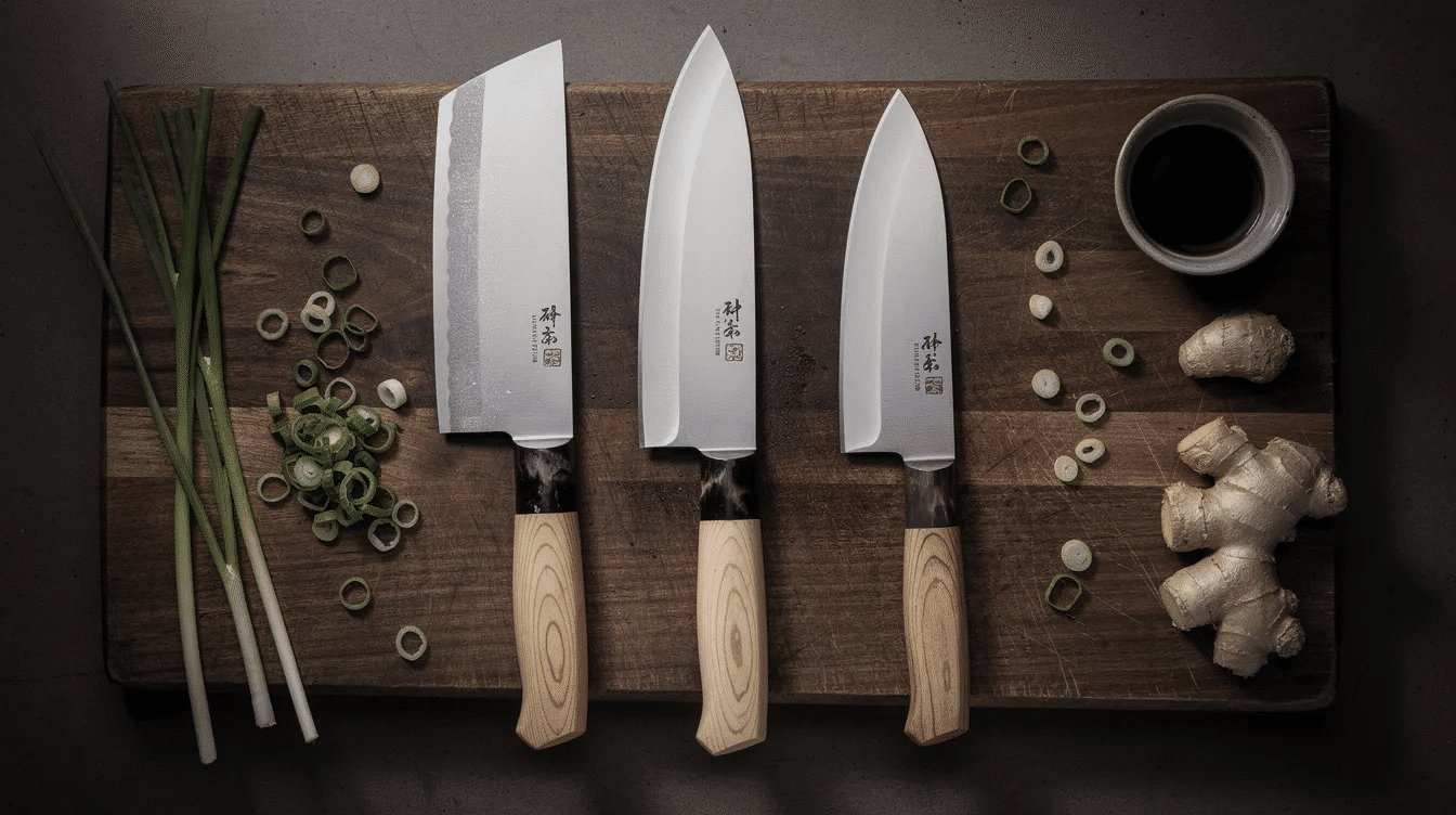 The image features a selection of beautifully crafted Japanese knives, showcasing their precision blades and traditional design. The knives are displayed on a soft surface, highlighting their durability and balance, making them suitable for any kitchen task.