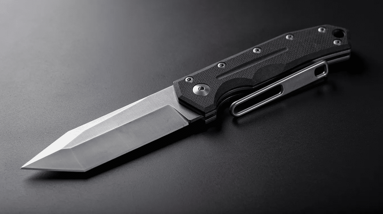 c6ad793c-a49b-46c3-ade4-d45177c5fc86 - Japanes Knives Tips The image features a tanto point blade, showcasing its unique design with a robust tip and two straight edges, ideal for piercing tough materials. This modern tanto knife is crafted for heavy-duty tasks, providing excellent control and durability for knife enthusiasts.