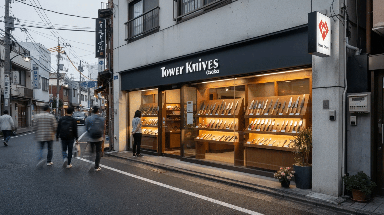 c6fe3f8d-e737-4e02-afd5-b3a1c57a235b - Japanes Knives Tips The image showcases the unique Tower Knives Osaka store, featuring a variety of high-quality Japanese knives crafted by skilled artisans. The shop is adorned with beautiful displays of engraved blades and offers knowledgeable staff to assist customers in finding the perfect knife for their needs.