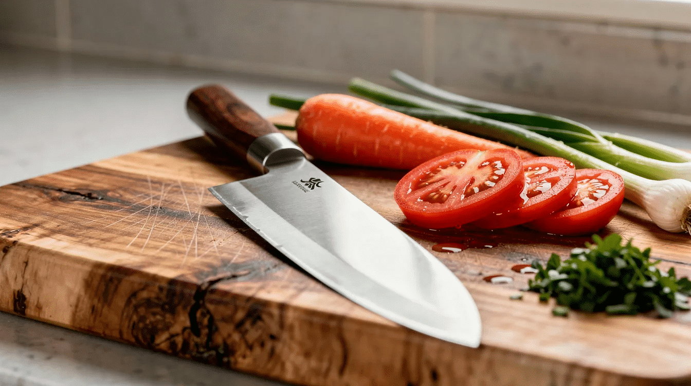 c8c04166-62bc-48d8-8123-4b439e9c87de - Japanes Knives Tips A close-up view of a beautifully crafted Kamikoto kanpeki knife made from high-quality Japanese steel is resting on a wooden cutting board, surrounded by fresh vegetables ready for chopping. The knife's sharp edge and elegant design highlight its status as a premium kitchen knife, perfect for culinary enthusiasts.