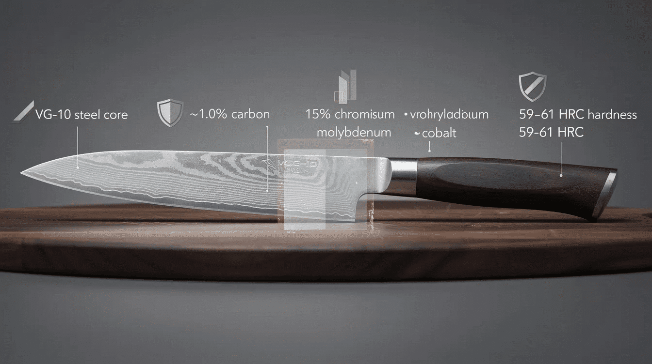 The image features a premium Damascus Japanese kitchen knife, showcasing its beautifully crafted blade made from VG-10 steel, known for its exceptional sharpness and durability. The knife's ergonomic handle ensures a comfortable grip, making it an essential tool for professional chefs and home cooks alike.