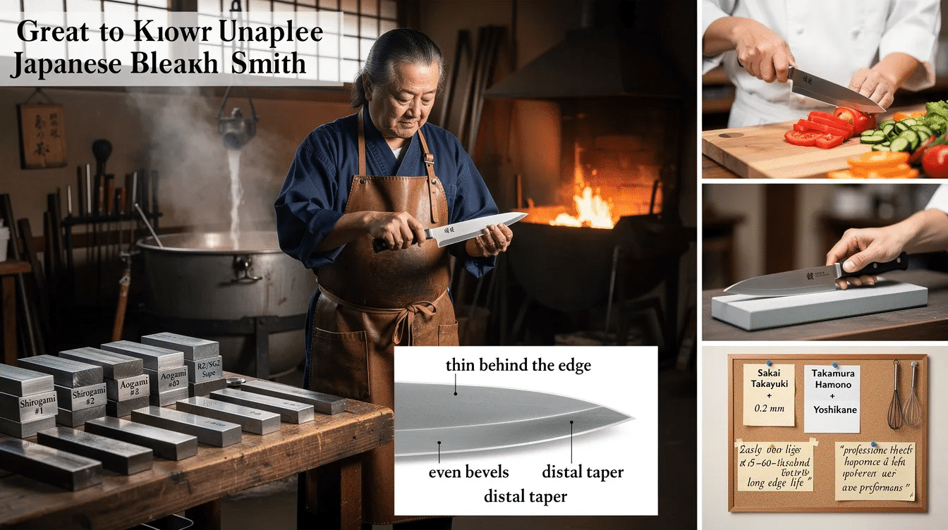 An image showcasing a skilled Japanese blacksmith at work, forging high-quality kitchen knives using various types of steel, including Shirogami and Aogami. The scene highlights the craftsmanship involved in creating razor-sharp blades, with tools and finished knives displayed, emphasizing the tradition and precision of Japanese knife making.