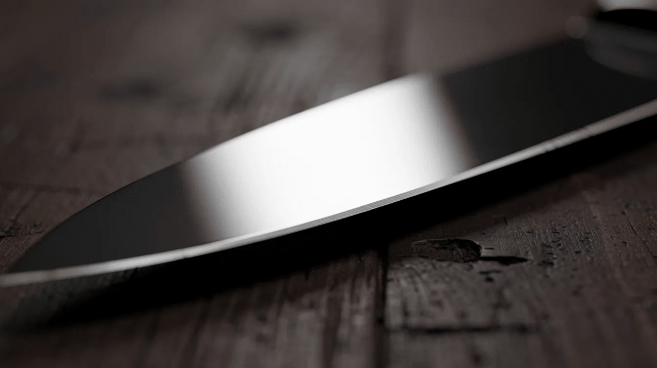 A close-up view of a polished knife blade, showcasing its sharp edge and pear skin finish, reflects light on a dark wooden surface. This image highlights the craftsmanship of Japanese kitchen knives, particularly the techniques used in forging carbon steel blades, emphasizing the artistry and performance of tools like the ko nakiri and santoku knives.
