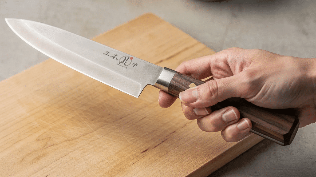 The image shows a person's hand demonstrating a proper pinch grip on a Japanese knife with an octagonal wooden handle, emphasizing the knife's sharp edge and balance, essential for filleting fish. The focus is on the technique used for handling a versatile Japanese deba knife, ideal for cutting through the flesh and bones of both small and larger fish.