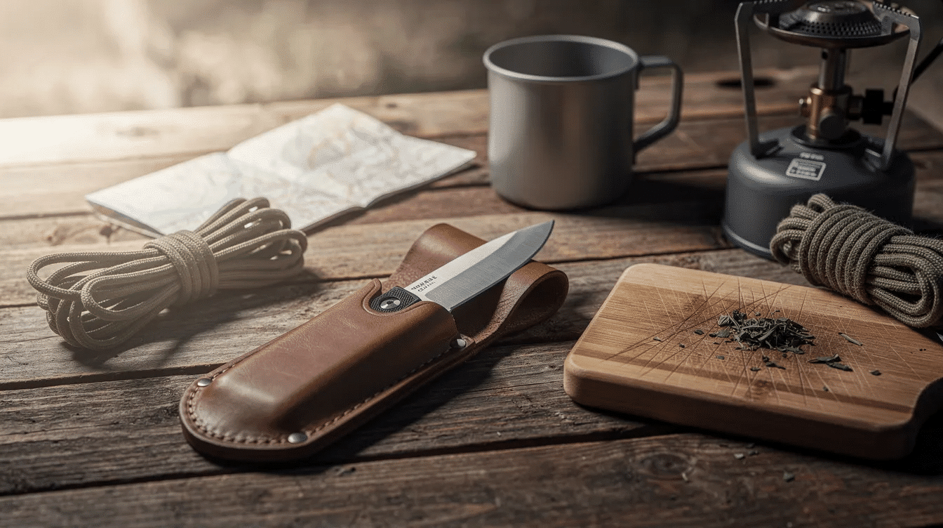 d9553b22-c3ac-4b33-8838-0e24dedc3494 - Japanes Knives Tips A compact paring knife with a sharp blade is housed in a leather sheath, positioned next to various outdoor camping gear and a cutting board, suggesting its utility for slicing vegetables and fruits while camping. The setup highlights the knife's essential role in food preparation, emphasizing its design and practicality for chefs and outdoor enthusiasts alike.