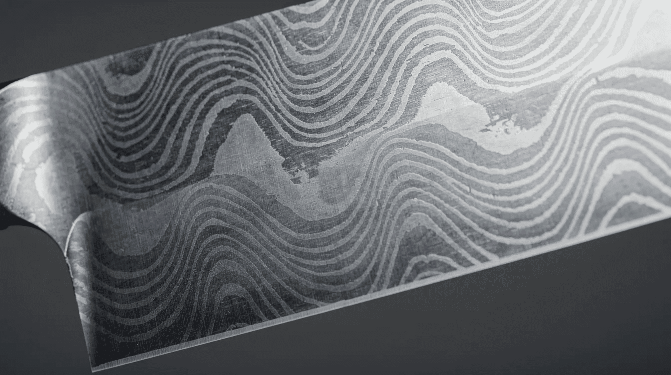 The image showcases a detailed view of a Japanese knife blade, highlighting the intricate Damascus pattern with flowing wavy lines in the high carbon steel. This craftsmanship, characteristic of skilled Japanese blacksmiths, exemplifies the artistry and precision found in handcrafted Japanese kitchen knives.