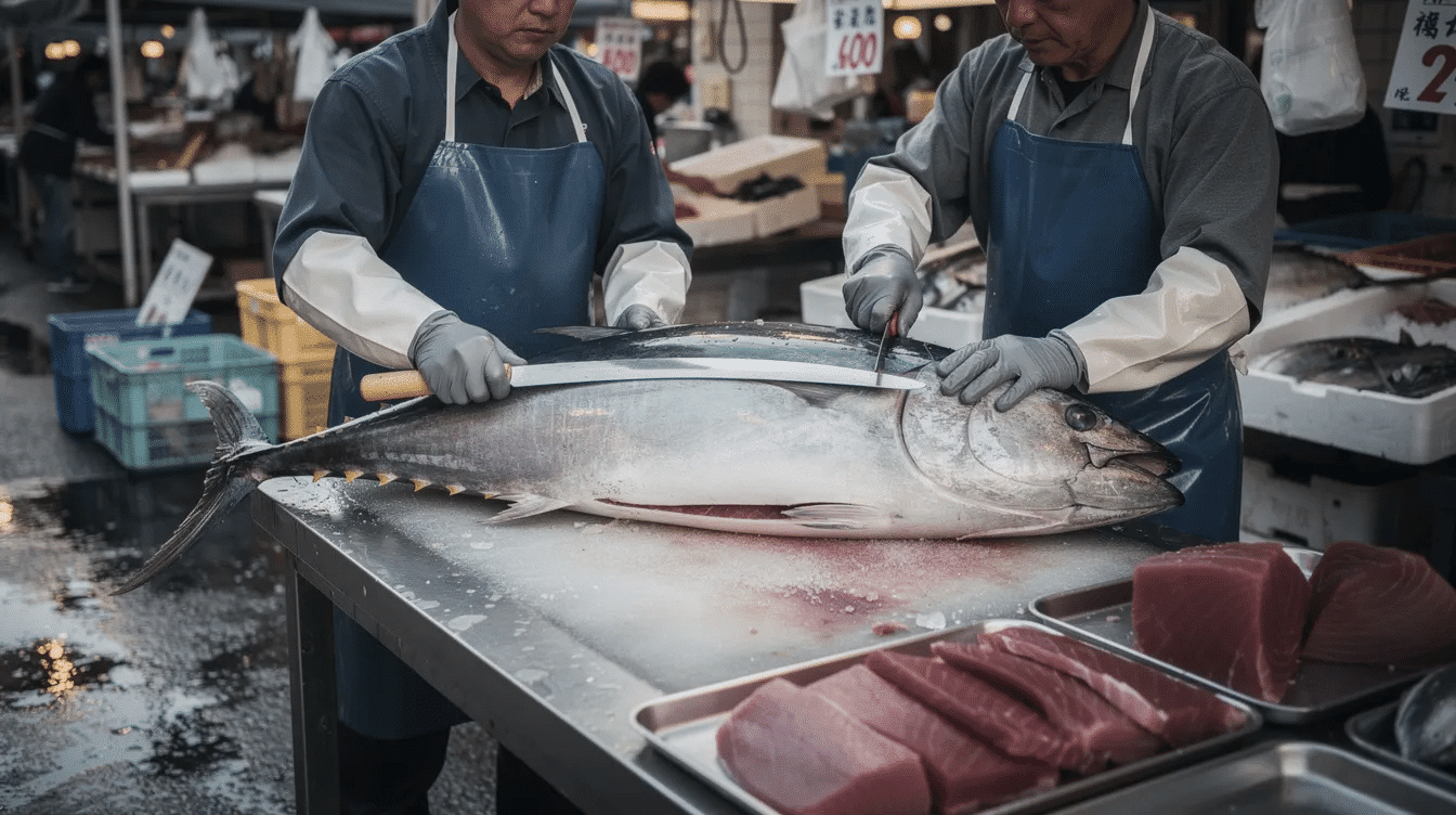 Two fishmongers are skillfully filleting a large tuna at a market using an extremely long, thin-bladed Japanese knife, showcasing the precision and craftsmanship typical of fine Japanese knives. The scene highlights their expertise in preparing raw fish, emphasizing the traditional techniques and sharpness of their tools.