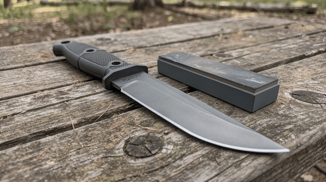 An outdoor knife, showcasing a sleek carbon steel blade, rests beside a portable whetstone on a weathered camp table, perfect for outdoor activities like hunting and camping. The knife features a sturdy handle and is designed for cutting with precision, emphasizing quality and care in its craftsmanship.
