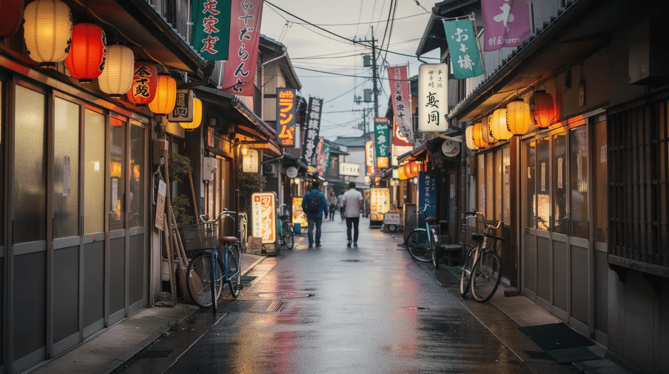 A narrow traditional shopping street in Tokyo features small storefronts adorned with colorful hanging banners, where customers engage with friendly staff. Among the shops, visitors can find expert guidance on high-quality Japanese kitchen knives, showcasing the beauty and craftsmanship of Japanese traditions.