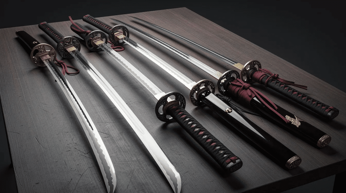 The image features a collection of authentic katana samurai swords displayed in a secure case, showcasing their sharp blades and intricate craftsmanship. Each sword, forged from high carbon steel, reflects traditional Japanese artistry, with details like the tsuba and tsuka highlighting their battle-ready quality.