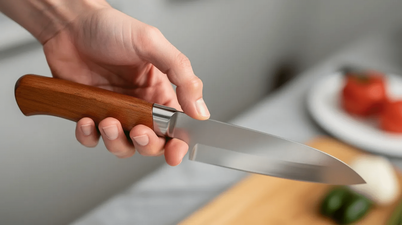 A close-up image captures a chef's hand demonstrating the pinch grip on a wooden-handled Japanese knife, showcasing the knife's thin blade and traditional Japanese style. The focus on the grip highlights the enhanced control and precision cuts that professional chefs achieve while slicing vegetables or preparing delicate dishes.