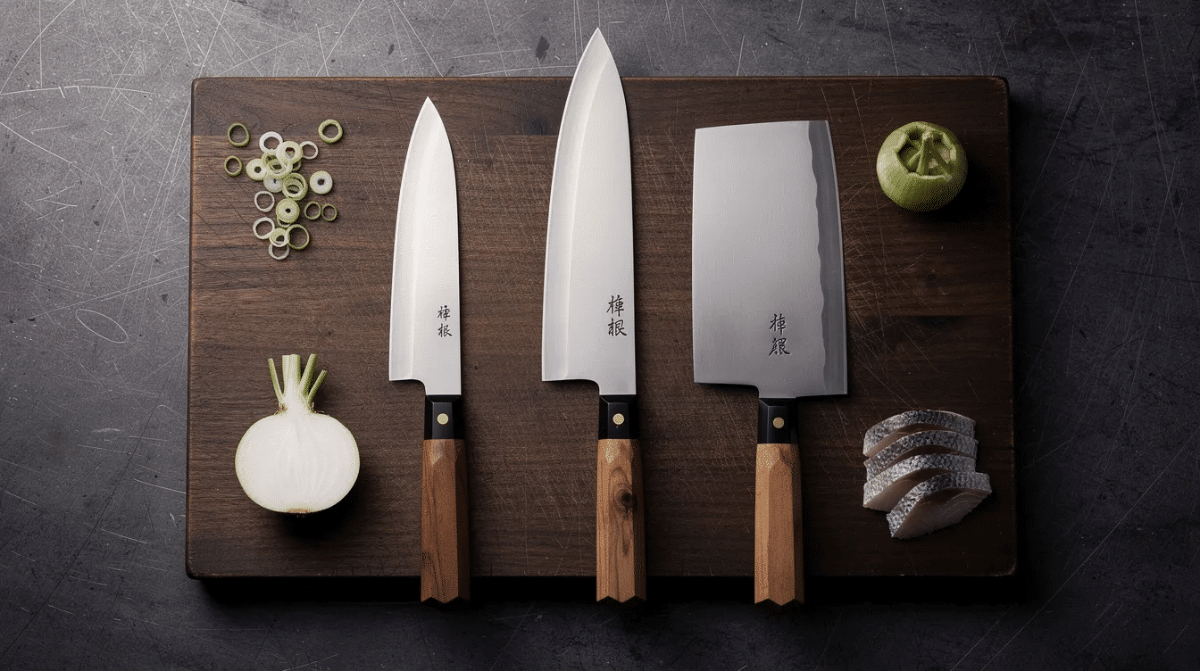 e3a068f1-0efd-491e-be2f-c5afbb6153d5 - Japanes Knives Tips The image showcases a collection of various Japanese knives, including a santoku knife and a gyuto knife, highlighting their sharp blades and traditional design. These high-quality kitchen knives are known for their precise cuts and are essential tools for culinary professionals, particularly in Japanese cuisine.
