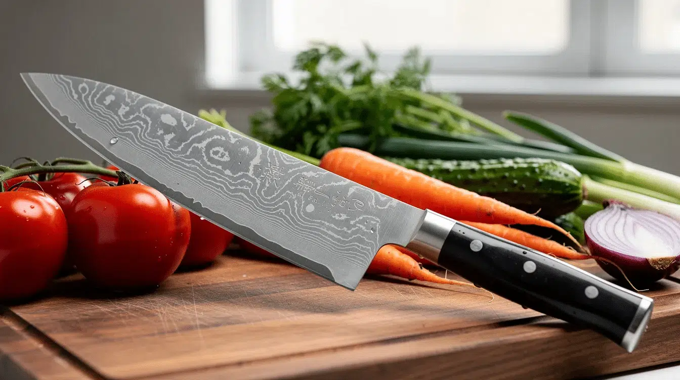 A close-up view of a beautifully crafted Japanese chef knife featuring a distinctive Damascus pattern rests on a wooden cutting board, surrounded by an array of fresh vegetables. This high-quality stainless steel knife is ideal for professional chefs and home cooks alike, showcasing precision and versatility for everyday kitchen tasks.