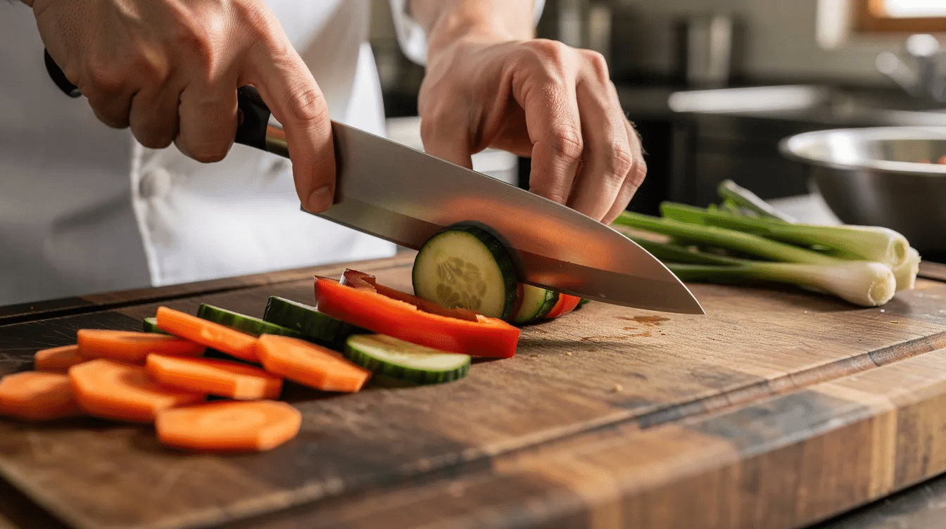 e825585b-3bec-4b51-bc93-cd1878028c4d - Japanes Knives Tips A chef's hands skillfully slice fresh vegetables on a wooden cutting board using a high-quality Japanese-style knife, showcasing precision cutting and the knife's ergonomic handle. The scene emphasizes the craftsmanship and durability of the knife, ideal for Japanese cuisine.