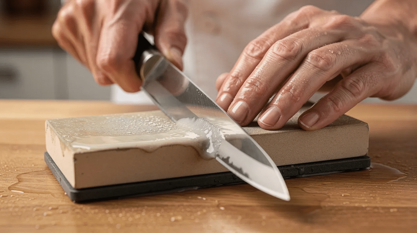 e9d5b209-2bef-4941-9ba8-4cb076120b6b - Japanes Knives Tips A close-up view of hands expertly sharpening a high-quality stainless steel Japanese knife blade on a whetstone, showcasing the precision cutting techniques essential for maintaining the knife's edge retention. The image highlights the craftsmanship and balance of the blade, suited for various kitchen tasks in Japanese cuisine.