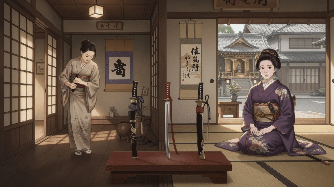 The image depicts a traditional kaiken, a small dagger that evolved during Japan's Heian to Kamakura periods, designed for self-defense and practicality within samurai households. Its craftsmanship reflects regional variations from the Edo period, showcasing unique blade profiles and mounting styles, symbolizing protection and family honor.