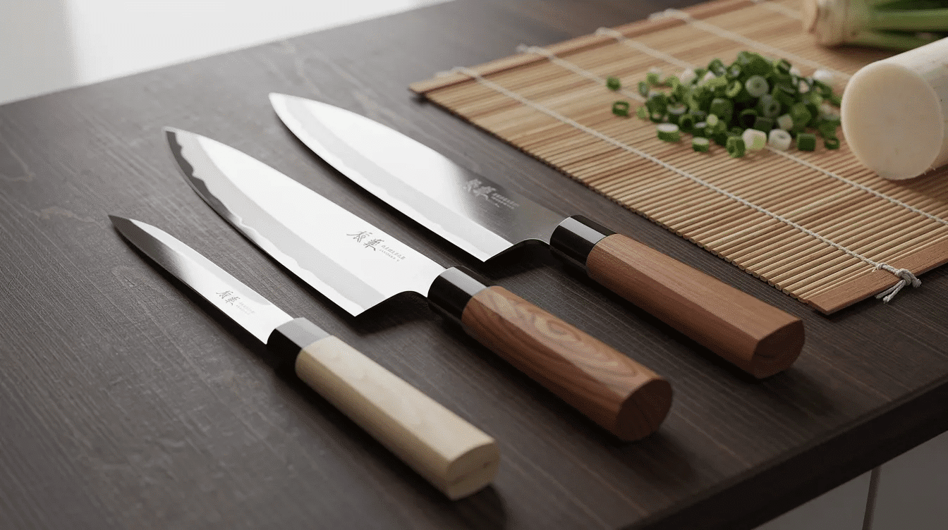 The image showcases a selection of high-quality Japanese kitchen knives, highlighting their sharp blades and exquisite craftsmanship. These professional tools are essential for home cooks and chefs alike, reflecting the beauty and precision of Japanese knife makers.