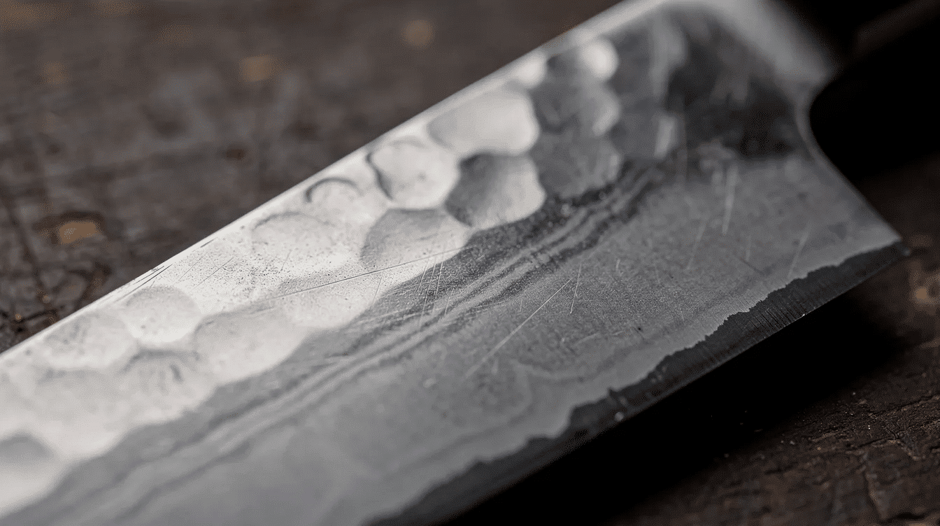 A close-up view of a hand-forged Japanese knife blade reveals its unique hammer texture and forge marks, showcasing the exceptional craftsmanship of skilled artisans from the Kochi Prefecture. This blade, part of the Ishizuchi brand, embodies the enduring spirit and quality of traditional Tosa knives, designed for long-lasting use by home cooks and chefs alike.