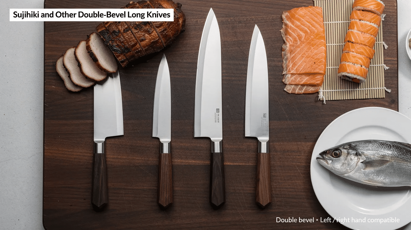 The image features a collection of Sujihiki and other double-bevel long knives, showcasing their sleek, narrow blades designed for precise cutting tasks such as slicing raw fish and carving roasts. These fine Japanese knives, crafted with traditional techniques, highlight the unique characteristics of Japanese craftsmanship, making them essential tools for both professional chefs and home cooks.