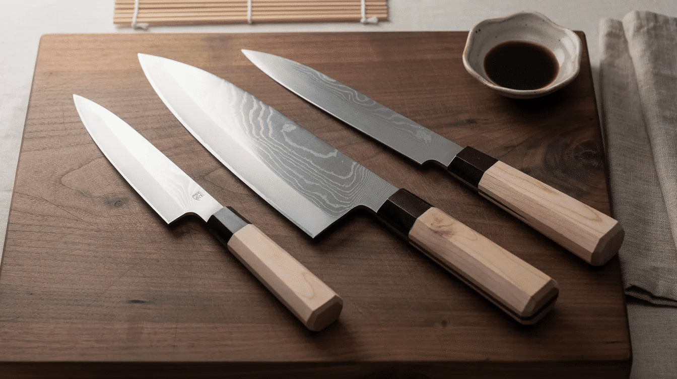 The image showcases a collection of handcrafted Japanese knives, featuring traditional high carbon steel blades known for their sharp edges and precision. Each knife reflects the artistry and craftsmanship of Japanese blacksmiths, making them essential tools for both professional chefs and home cooks.