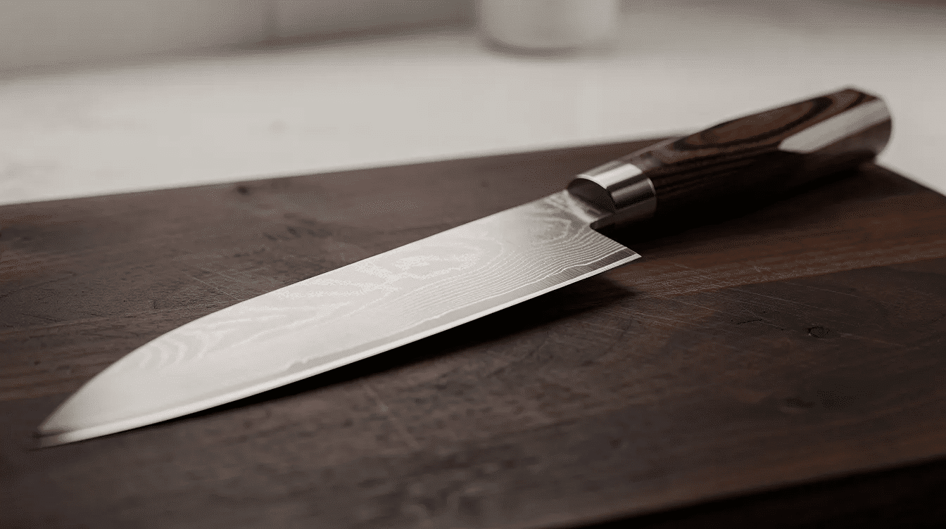 The image features a high-quality Japanese steel chef knife, showcasing its expertly crafted blade made from high carbon stainless steel. The knife has an eastern style ergonomic handle for a comfortable grip and optimal control during everyday food prep tasks, resting in a two-tone storage block.