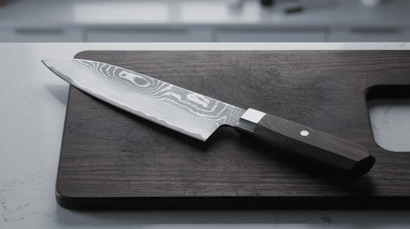 The image features a beautifully crafted Damascus Japanese kitchen knife, showcasing its intricate layered blade made from high-quality Damascus steel. The knife has an ergonomic handle designed for a comfortable grip, emphasizing the precision and sharpness that professional chefs appreciate for cutting meat, vegetables, and fish.