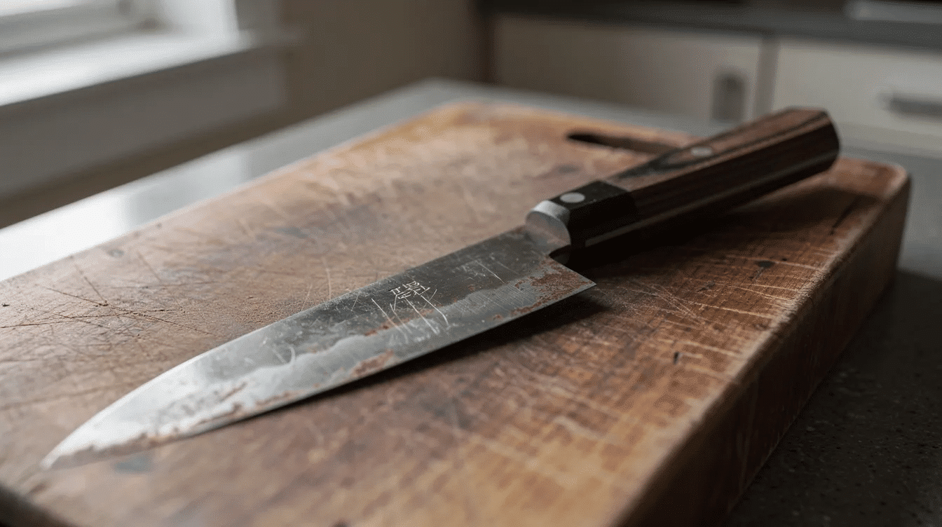 The image features a used Japanese kitchen knife, showcasing its finely crafted blade and wooden handle, reflecting the quality and craftsmanship typical of Japanese knives. The knife, likely a chef knife or santoku, exhibits a well-maintained edge, symbolizing the balance and precision valued by professional chefs.