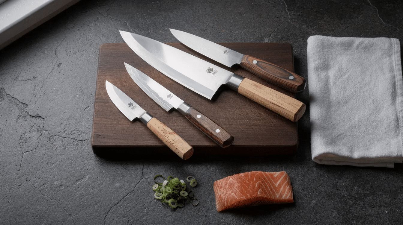 The image showcases a selection of high-quality Japanese knives, including chef's knives and a nakiri knife, displayed in a stylish wooden box. These knives, known for their sharp edges and ergonomic handles, are ideal for home cooks seeking the best performance in their kitchen.