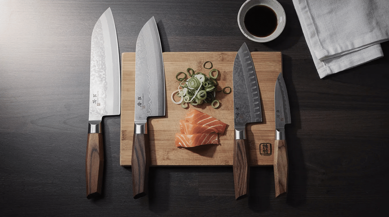 The image showcases a collection of handcrafted Japanese kitchen knives, highlighting their razor-sharp blades and intricate designs. These knives, made by skilled Japanese blacksmiths, exemplify the tradition and precision of knife making, perfect for both professional chefs and home cooks.